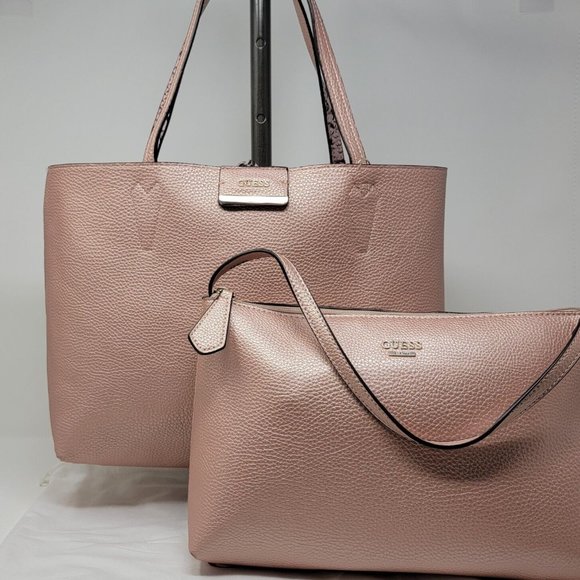 GUESS Bobbi Pink Snake Print Inside Out Reversible 3 in 1 Tote Handbag Set - Picture 4 of 14